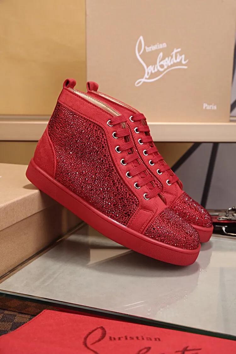 Ex-factory price 480. christian louboutin (CL red sole shoes) counter hot diamond series, high-top casual sneakers for couples 📢 📢 📢 Exclusive hot style release 🎈🎈💪 Movable latex feet 👻 Finished outsole sewing line [satisfied] 😝Female 35-40# Male 38#-46, global supply😝 [Top version]: original imported cowhide upper, top original leather lining, original molded TPU outsole, original 1:1 detail processing, original shoe last, large quantity available from stock,